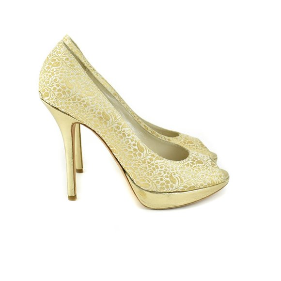 DIOR: Gold, Brocade Peep-Toe Logo Heels/Pumps - Picture 5 of 8
